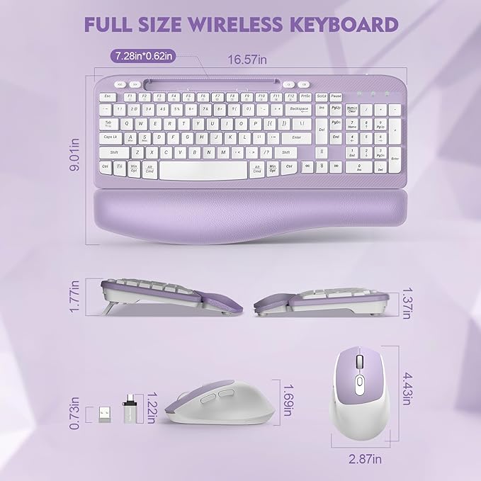 Wireless Keyboard and Mouse Combo, Wave Keys Full-Sized Ergonomic Keyboard with Cushioned Plam Rest, Phone Holder, Comfortable Natural Typing, 2.4G Cordless Set for Computer, Laptop, PC, Mac, Windows