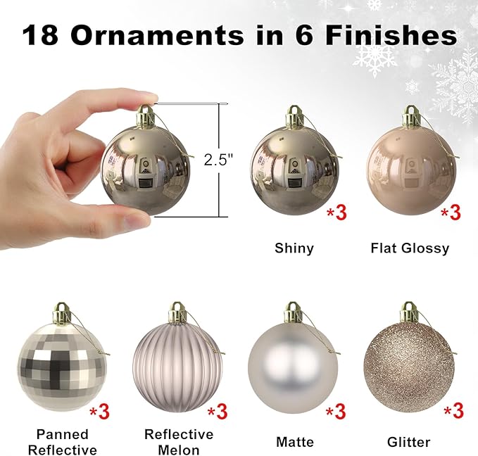 Champagne Gold 2.5" Christmas Balls Christmas Tree Decoration Ornaments Shatterproof Hanging Balls for Birthday Halloween Holiday Wedding Decorations Set of 18pcs