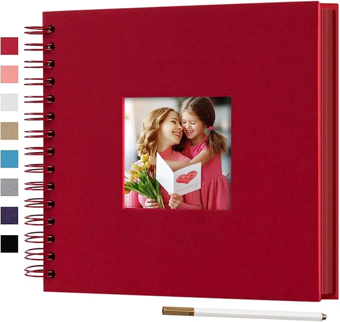 8 x 8 Inch Small DIY Scrapbook Photo Album with Window Design Cover 80 Pages Craft Paper Memory Book for Weeding Family Travel and Baby (Red)
