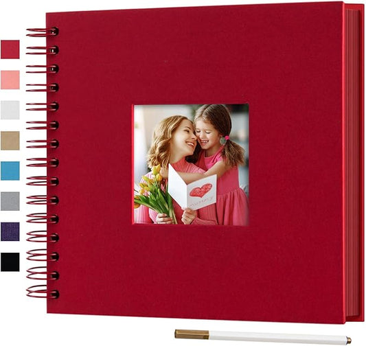 8 x 8 Inch Small DIY Scrapbook Photo Album with Window Design Cover 80 Pages Craft Paper Memory Book for Weeding Family Travel and Baby (Red)
