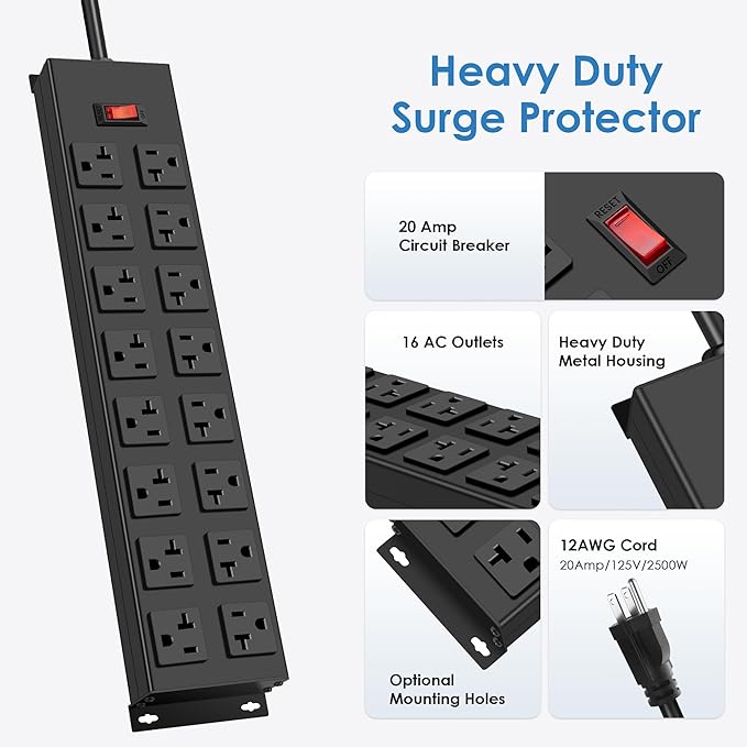 JUNNUJ Heavy Duty 20 Amp Power Strip with Surge Protection 3000J, Garage 16 Outlets Metal 12 Gauge, Desk Strips Wide Spaced, High Amp 5-15P Adapter Shop 6-20R T-Slot Industrial Outlets (16AC, 6FT)