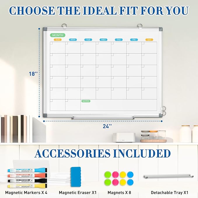 WALGLASS Dry Erase Calendar Whiteboard for Wall, 24" x 18" Double-Sided Monthly Calendar White Board with Silver Aluminum Frame, Hanging or Wall Mount Whiteboard for Home, Office, School