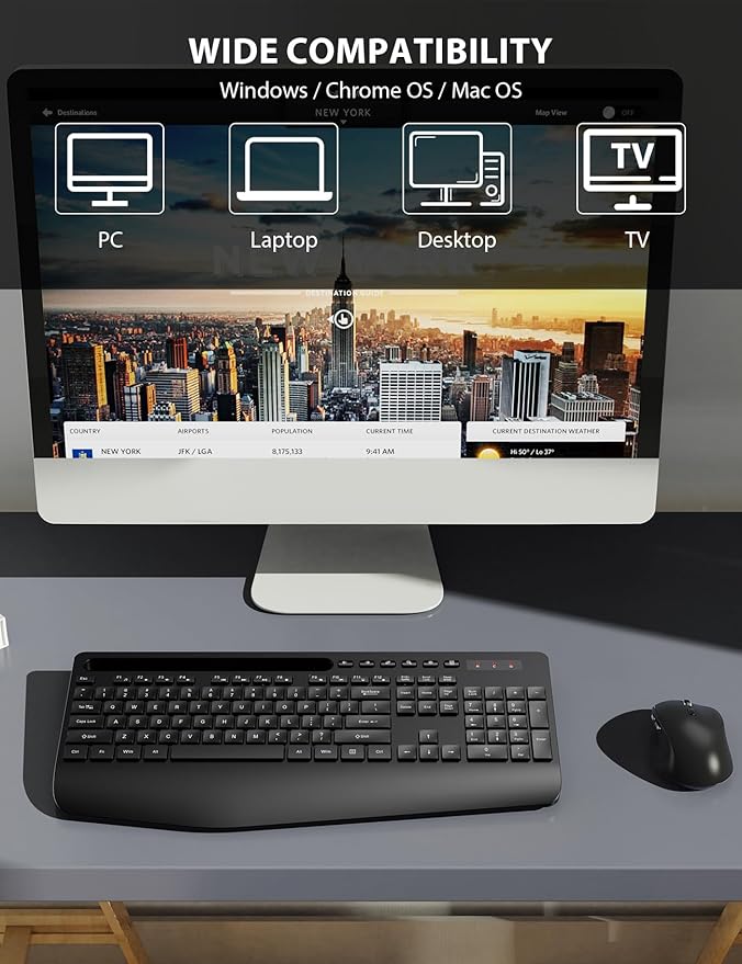 Wireless Keyboard and Mouse Combo - Full-Sized Ergonomic Keyboard with Wrist Rest, Phone Holder, Sleep Mode, Silent 2.4GHz Cordless Keyboard Mouse Combo for Computer, Laptop, PC, Mac, Windows -Trueque