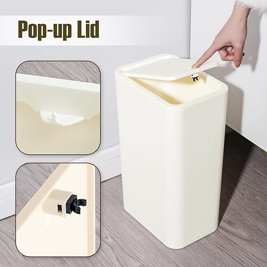 TrashAid Bathroom Trash Can with Lid, 2.6 Gallon / 10 Liter Small Garbage Can with Press Top Lid, Plastic Wastebasket with Pop-up Lids for Toilet, Office, Bedroom, Living Room, White