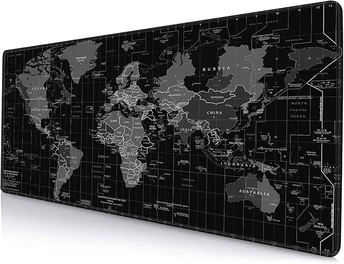Large Gaming Mouse Pad with Stitched Edges, Desk Mat Extended Keyboard Pad, Non-Slip Rubber Base Desk Pad for Laptop, Office, Home, 31.5X11.8 inch Black World Map
