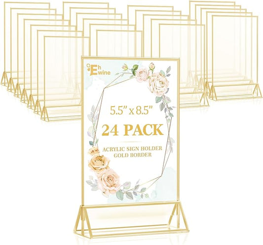 EHWINE 24 Pack Acrylic Sign Holder 5.5 x 8.5, Double Sided Gold Picture Frame Stand up Table Top Sign Holders, Clear Display Stand Menu Flyer Holder for Wedding Party