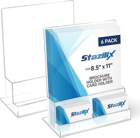 6 Pack Acrylic Brochure Holder 8.5x11 , Clear Brochure Display Stand with Acrylic And Business Card Holder, Plastic Flyer Display Stand for Magazine, Pamphlet, Booklets, Menu, Journals