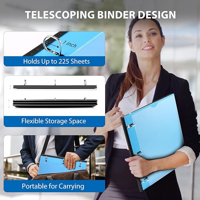 1 Inch Telescoping 3 Ring Binder-4PCS, Flexible Binder with Customized Front Cover, Holds 225 Sheets, School Office Supplies, 4 Colors