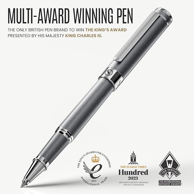 Scriveiner Dark Grey Rollerball Pen - Stunning Luxury Pen With Chrome Finish, Schmidt Ink Refill, Best Roller Ball Gift Set for Men & Women, Professional, Executive Office, Nice Pens