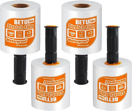 BETU Plastic Wrap Stretch Film for Moving Supplies 5inch X 1000ft, Shrink Wrap Stretch Roll Industrial for Furniture Wrapping Shipping Pallet Moving Boxes Storage with Handles, 4 Pack, Clear