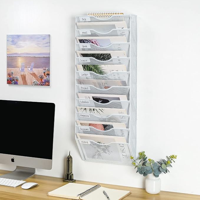 PAG Hanging Wall File Holder Organizer Mail Sorter Literature Rack for Office, 10 Pockets, White