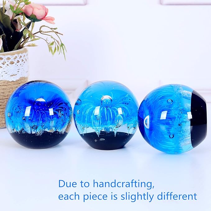EUSTUMA Blue Hand Blown Glass Anemones Sculpture, 3.15x3.15x3.15 inches, 1.52 lbs, Paperweight, Fish Tank Ornament, Figurine Gift Box, Home Decoration