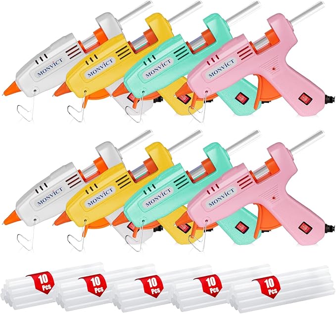 MONVICT 8 Pack 30W Hot Glue Gun Set with 50 Glue Sticks 2 Each of Pink/White/Lake Blue/Yellow - Easy to Use for DIY Crafts, Arts, Class Projects, School, Home Repairs - High Temp Mini Glue Guns