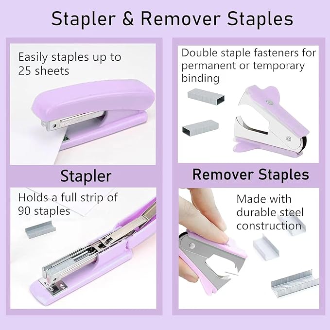 Purple Desk Accessories, Pink Office Supplies Set with Stapler, Tape Dispenser, Staple Remover, Pen Holder, Scissor, Binder/Paper Clips, Ballpoint Pen, Clear Tape and 1000pcs Staples
