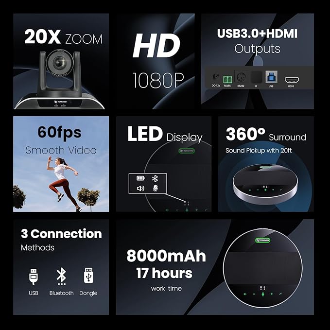 20x Zoom Conference Room Camera System TONGVEO All-in-1 Video and Audio Conferencing System 20X Optical Zoom USB3.0 HDMI PTZ Camera and Conference speaker with microphone Bundle for large Meeting Room