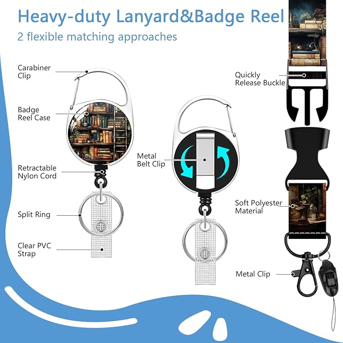 Lanyards for Id Holder, Bookshelf ID Badge Holder with Retractable Lanyard, ID Holder with Badge Reel Clips, Name Tag ID Card Holder Teacher Women Doctor Office Gift
