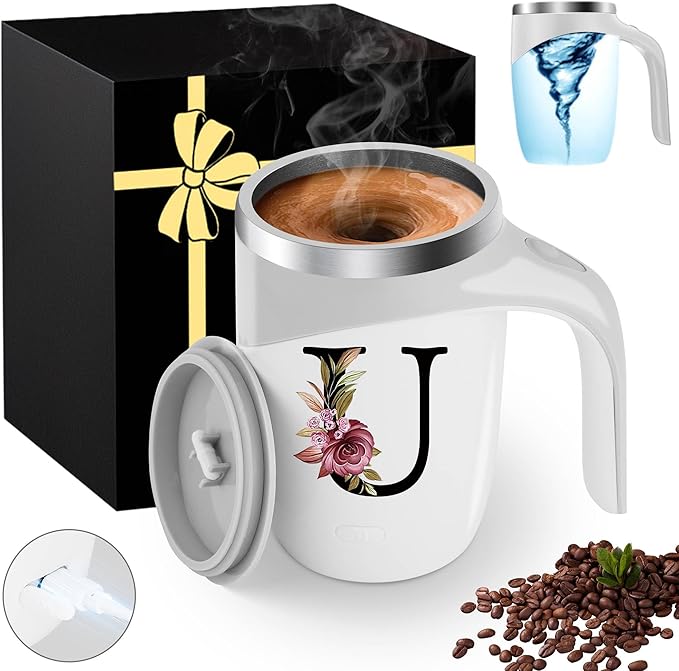 Initial Magnetic Stirring Coffee Mug Stainless Insulated Travel Cup Women Xmas Birthday Great Gift Mom Grandma Mimi Nana Gigi Grandmother Big Sister Law God Mother Day Aunt Practical Retirement,U