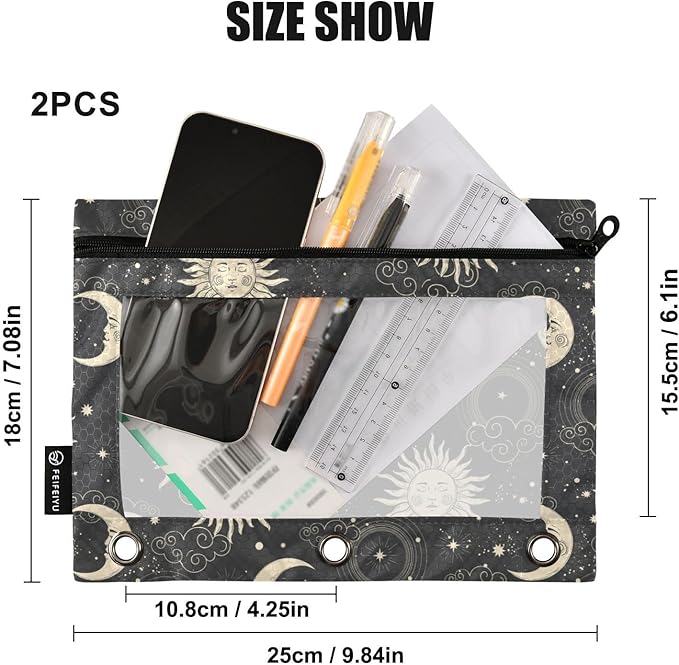 ZAZYXTJ Sun Binder Pencil Pouchs 3 Ring with Zipper Clear Window Office Organizers bag for School Students Teacher Supplies 2 Pack
