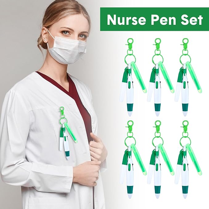 Sherr 25 Sets Retractable Nurse Pens with Mini Highlighter Permanent Marker Keychain Clip Badge Reel Pen Accessories for Nursing Students Medical Staff Office Stocking Stuffer Gift(Green)