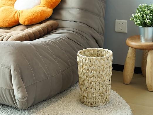 Wicker Trash Can,Bathroom Trash Can,Wicker Waste Basket for Bathroom,Decorative Boho Small Waste Basket for Bedroom,Office,Cream White 2 Gallon