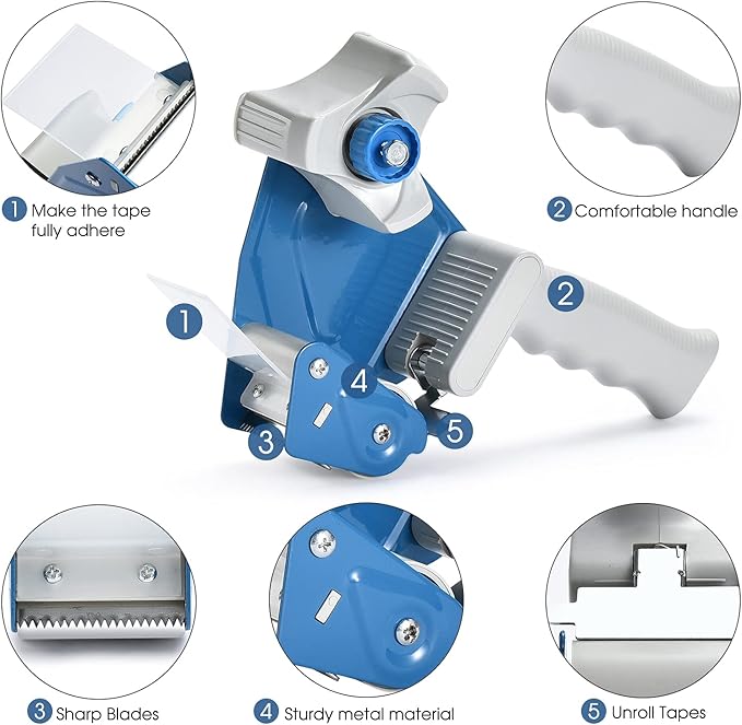 Packing Tape Dispenser Gun (2 Packs) Pacific Mailer 2 Inch Tape Gun Dispenser with 2 Inch Carton Packing Tape, Lightweight Industrial Side Loading Tape Dispenser - Blue