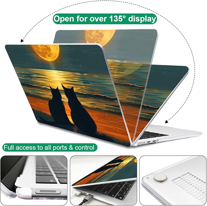 Compatible with MacBook Air 13.6 inch Case 2025 2024 2023 2022 Release M4 A3240 M3 A3113 M2 A2681 with Touch ID, Pattern Plastic Hard Shell Cover for MacBook Air 13.6 M4, Cat Watching Moon