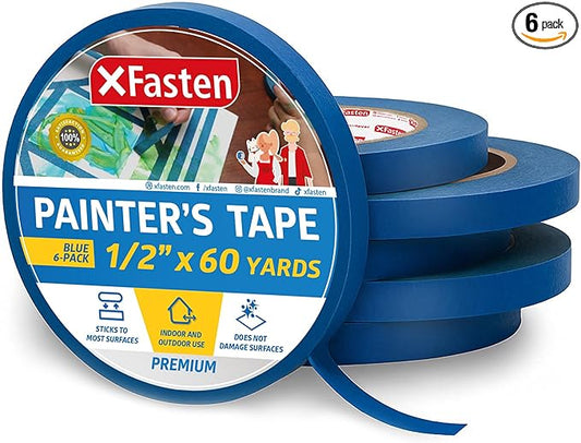 XFasten Professional Blue Painters Tape, Multi-Use, 1/2-Inch by 60-Yard, Pack of 6, Blue Tape Bulk - Sharp Edge Line Technology, Produces Sharp Lines | Residue-Free and Artisan Grade Wall Trim Tape