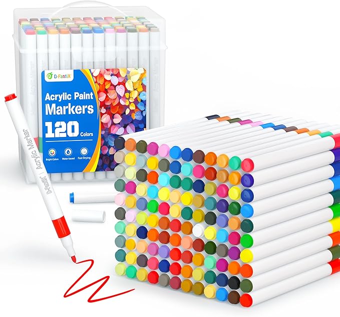 D-FantiX 120 Colors Acrylic Paint Markers for Kids Adults, Fine Tip Acrylic Paint Pens for Wood, Fabric, Glass, Canvas, Ceramic, Plastic, Rocks, Eggs, Shoe, DIY Arts and Crafts Scrapbook Supplies