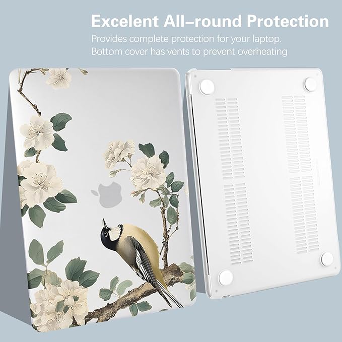 KEROM Bird Flower Case for MacBook Air 13 inch 2025 M4, 2024-2022 M3 M2 A3240 A3113 A2681, Cute Sleek Elegant Aesthetic Plastic Hard Shell & Keyboard Cover for MacBook Air 13.6 inch Case