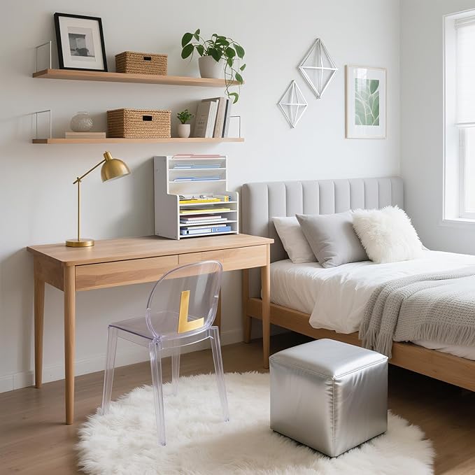 Wood Office Desk File Organizer - 7 Tier Desk Top Storage Shelf Stationary Workspace Organization Small Wooden Desktop Paper Tray,White