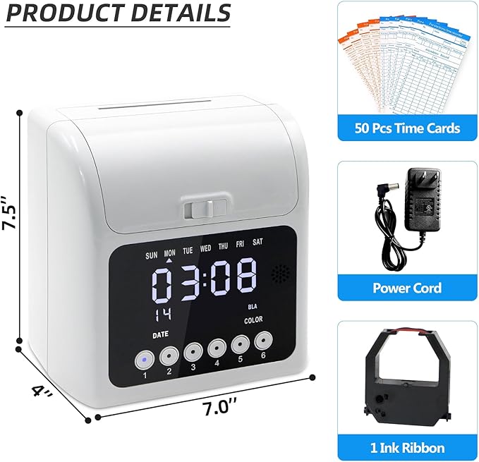 Time Clock with Passcode, Auto-Align Time Clocks for Small Business, Time Clock Punch Machine with 50-Piece Time Cards, and One Ink Ribbon Cartridge