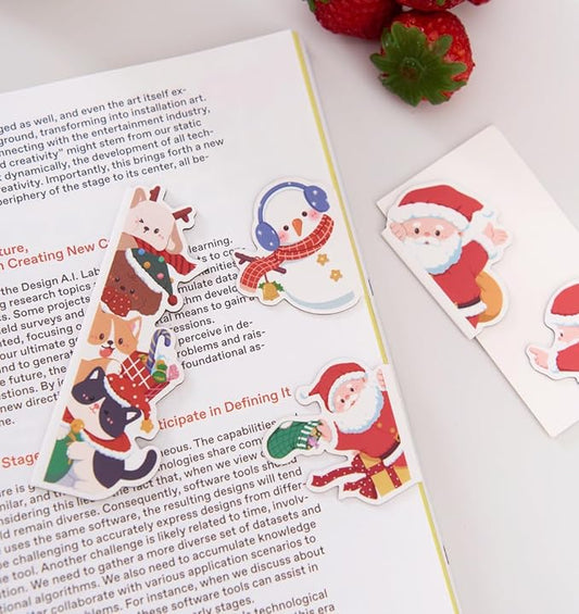 5pcs/Set Cute Magnetic Bookmark, Funny Peeping Santa Claus Kawaii Animals Book Marker Clip for Teachers, Students, Book Lovers Christmas Gifts, Printing on 2 Side (Santa Claus)