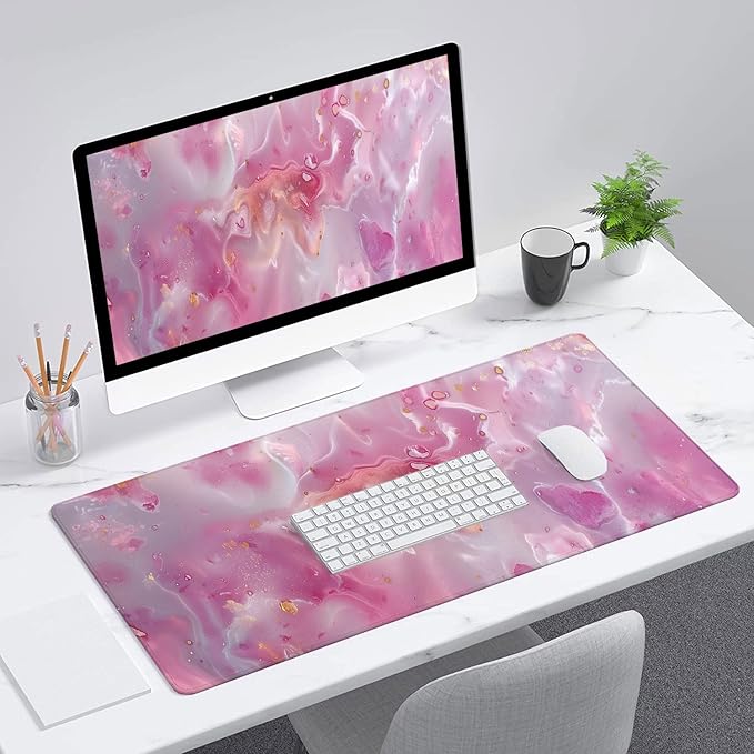 Rose Gold Marble Desk Pad Mouse Pad Abstract Cute Pink Large Gaming Mouse Mat with Stitched Edges,Non-Slip Waterproof Rubber Base Mous Mat Office Computer Keyboard Laptop Home 31.5"x11.8"