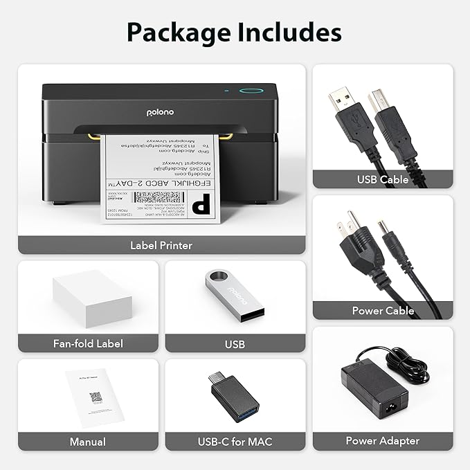 POLONO Bluetooth Thermal Shipping Label Printer, Wireless 4x6 Shipping Label Printer for Small Business, Support iOS, Android, Windows and Mac, Compatible with Amazon, Ebay, Shopify, Etsy, USPS(Brown)