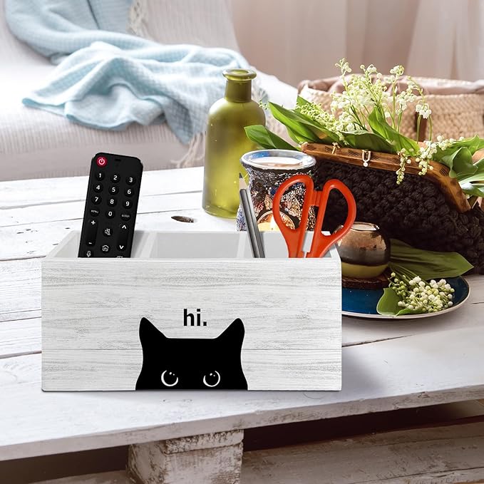 Hi Black Cat Pen Pencil Holder Organizer for Desk Accessories, Black Cat Mom Lady Lovers Owner Gifts Wooden Box Sign Desk Decor for Home Office Decoration, Pet Lover Gifts