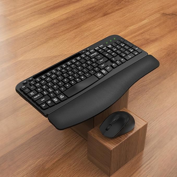 Wireless Keyboard and Mouse Combo, Wave Keys Full-Sized Ergonomic Keyboard with Cushioned Plam Rest, Phone Holder, Comfortable Natural Typing, 2.4G Cordless Set for Computer, Laptop, PC, Mac, Windows