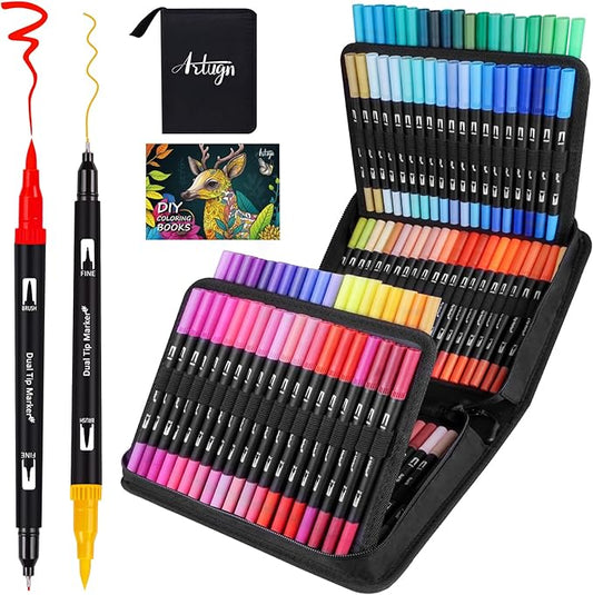 Dual Markers Brush Pens for Adult Kids Coloring Books,120 Colors Art Marker Set with Fine & Brush Tip Pen for Bullet Journaling, Coloring, Drawing, Hand Lettering, Calligraphy, Art Supplies