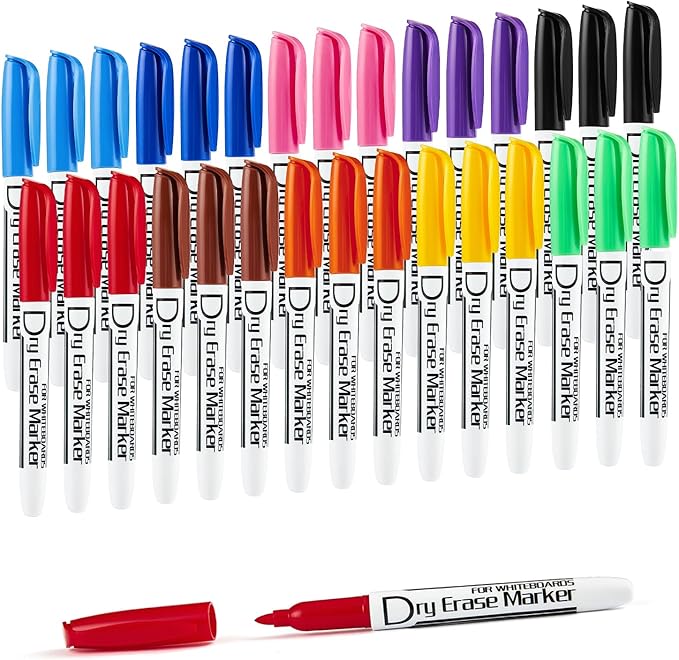 Volcanics Dry Erase Markers Low Odor Fine Whiteboard Markers Thin Box of 30, 10 Colors