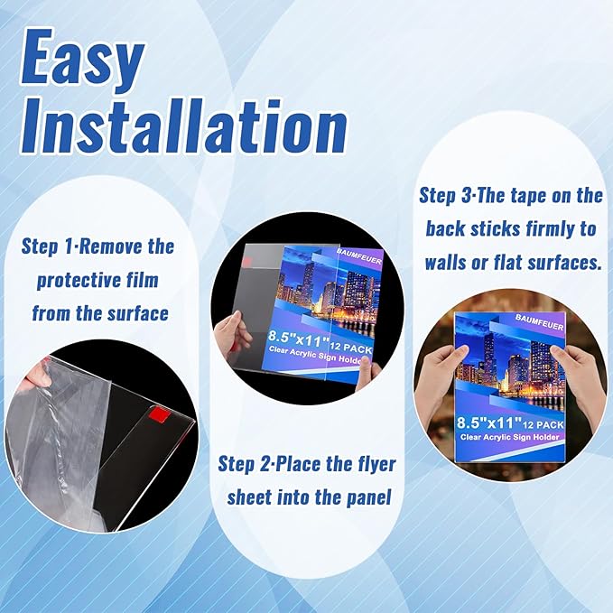 12 Pack Acrylic Sign Holder 8.5 x 11, Clear Plastic Wall Sign Holder with Adhesive Tape Wall Mount Display Stand Paper Holder for Menu, Office, Home, Store, Restaurant No Drilling Needed