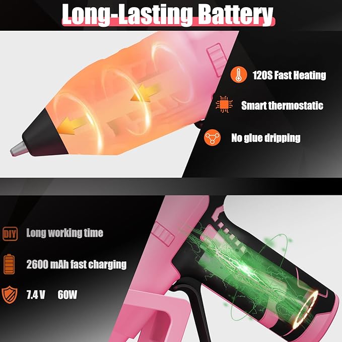 MONVICT 7.4V Cordless Hot Glue Gun with Holder Base, Digital Display Adjustable Temp, Smart Auto-Off, Silicone Pad, 2.6A Rechargeable Battery, Full Size Handheld Electric Power with 10 Glue Sticks