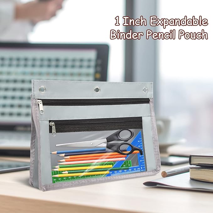 YoeeJob 1 Pack Pencil Pouch for 3 Ring Binder, Expandable Binder Pouches with Zipper, Large Capacity Pen Holder Case with Clear Window School Class Office Organizers, Grey