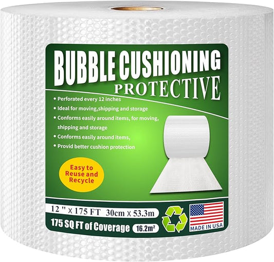 A&A Heavy-Duty Bubble Wrap Cushioning Roll – 12”x175’ Perforated Every 12”, Tear-Resistant Packing Wrap for Moving, Shipping and Storage Made in US