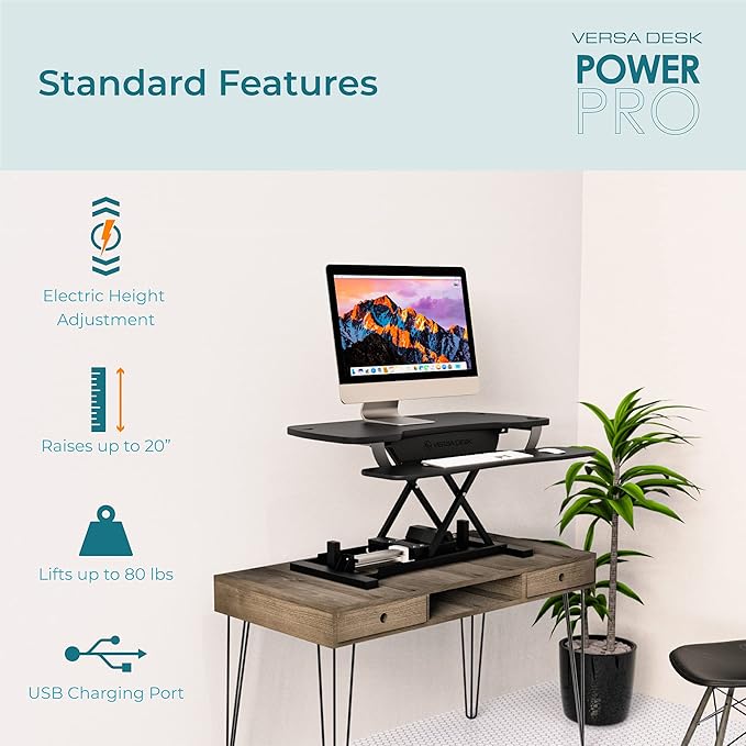 VERSADESK Electric Standing Desk Converter, 48 Inch PowerPro Height-Adjustable Sit Stand Desktop Riser, Keyboard Tray, USB Charging Port, 48" W X 24" D, Black