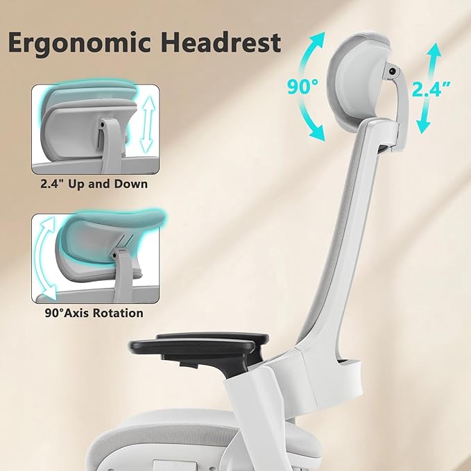 CLATINA Ergonomic High Swivel Executive Chair with Adjustable Height Head 3D Arm Rest Lumbar Support and Upholstered Back for Home Office Gray