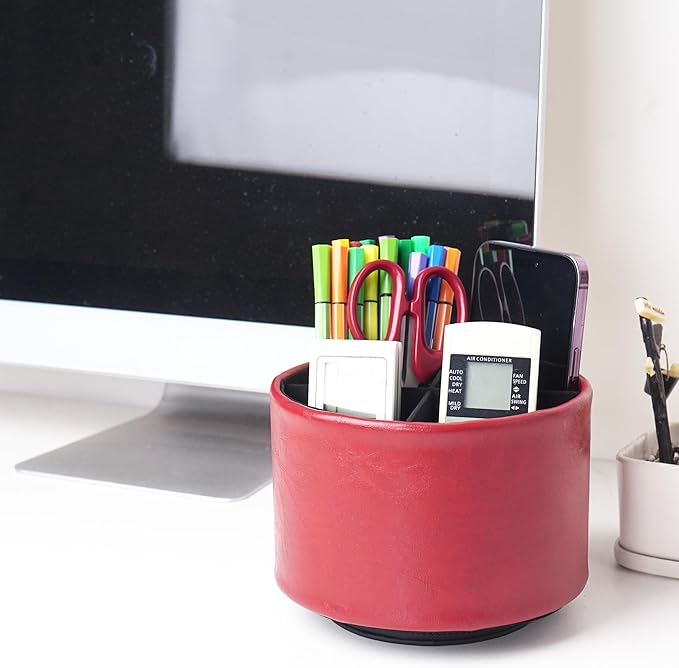 Hennaja Round Leather Art Supply Organizer,Remote Control Holder,360 Degree Spinning,Multi-Functional Pencil Holder,4 Compartments Desktop Stationary Organizer(1-Oil Red)
