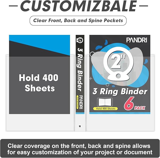 3 Ring Binder 2 Inch, PANDRI 6 Pack 2-Inch Binder Fits Letter Size 8.5'' x 11'' Paper, Versatile Binders for Office Home School, 2 Pockets, White