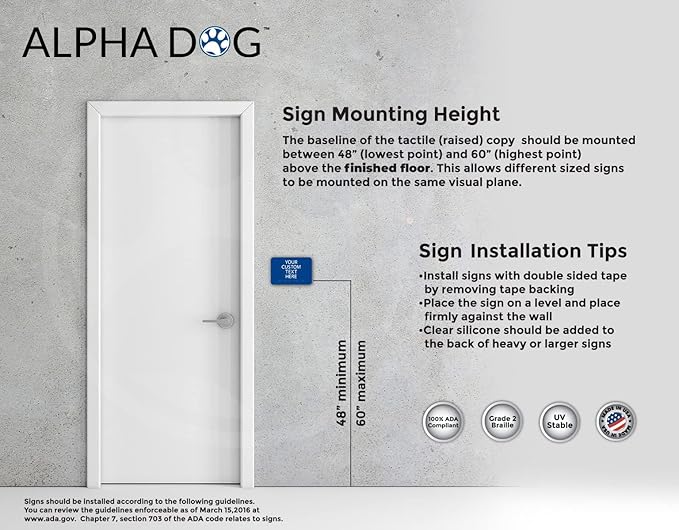 ALPHA DOG ADA SIGNS Custom ADA Compliant Braille Sign, 6"x9" Room Identification Plaque, Tactile Text, Raised Letters, Personalized 4-Line, Indoor/Outdoor, USA-Made (Blue)