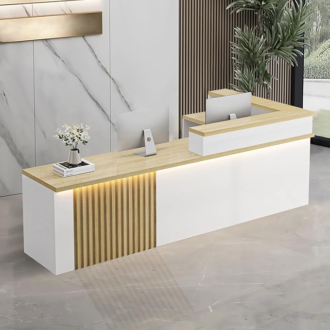 L-Shaped Receptionist Desk，Office Front Desk Reception Counter with Hidden Lighting & Storage Drawer Commercial Checkout Counter Sturdy for Salon Clinic Clothing Store