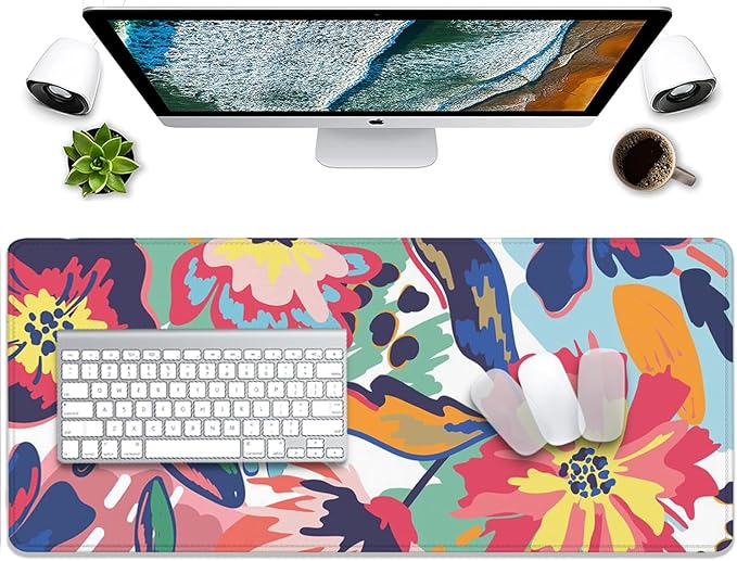 Abstract Floral Leaves Mouse Pad Desk Mat,Boho Art Extended Gaming Mouse Pad with Stitched Edges,Non-Slip Waterproof Rubber Base for Office,Computer,Keyboard,Laptop and Home Desk Pad(27.5X11.8 in)