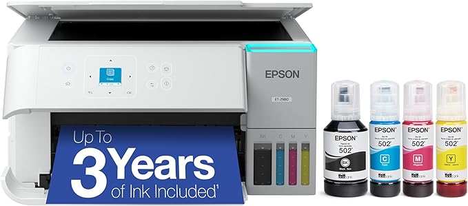 Epson EcoTank ET-2980 Wireless All-in-One Color Supertank Printer with up to 3 Years of Ink, Refillable Tanks, Perfect for Home, 15 PPM, 1.44" Color Screen, Auto 2-Sided Printing - White